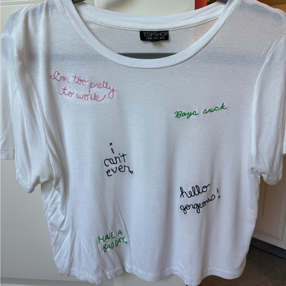Topshop White Pink Crop Tee Relaxed Fit